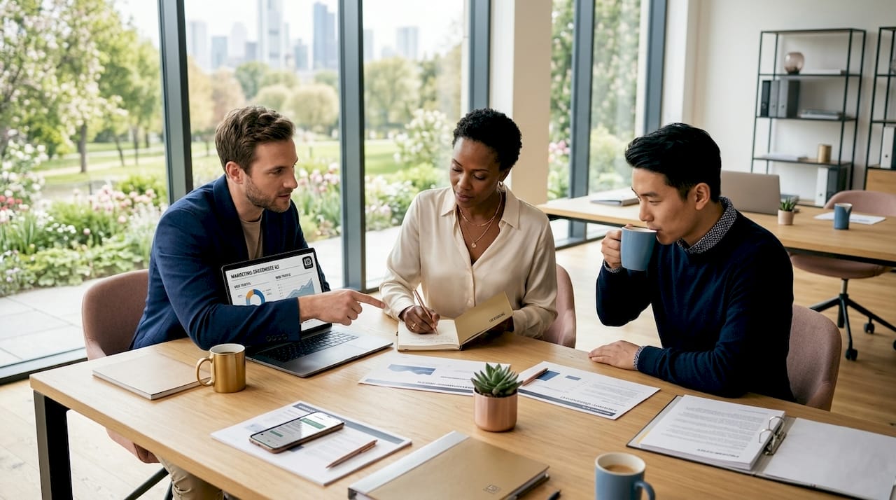 Das Marketing-Team tauscht sich gemeinsam am Konferenztisch aus und arbeitet an neuen Ideen.