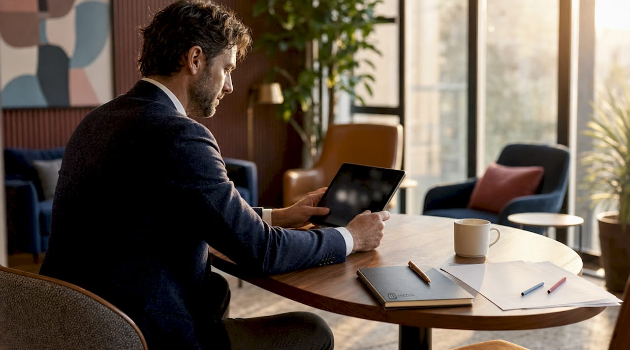 Ein Marketingmanager sichtet im Büro die aktuellen Online-Bewertungen.