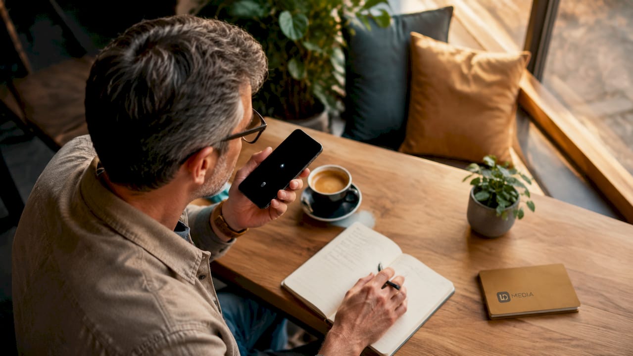 Am Schreibtisch sitzt jemand und nutzt die Sprachsuche auf dem Smartphone.