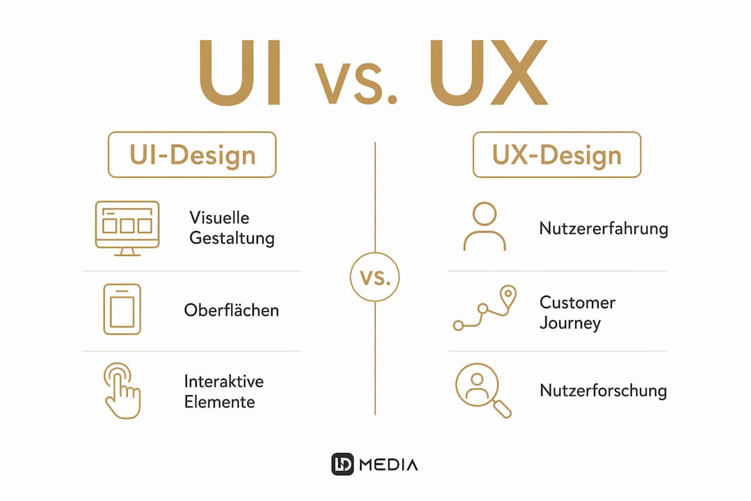 Vergleichende Infografik: UI-Design vs. UX-Design – die wichtigsten Unterschiede auf einen Blick