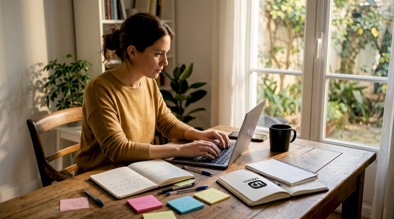 Eine Marketingmanagerin sitzt konzentriert an ihrem Laptop und arbeitet im Büro.