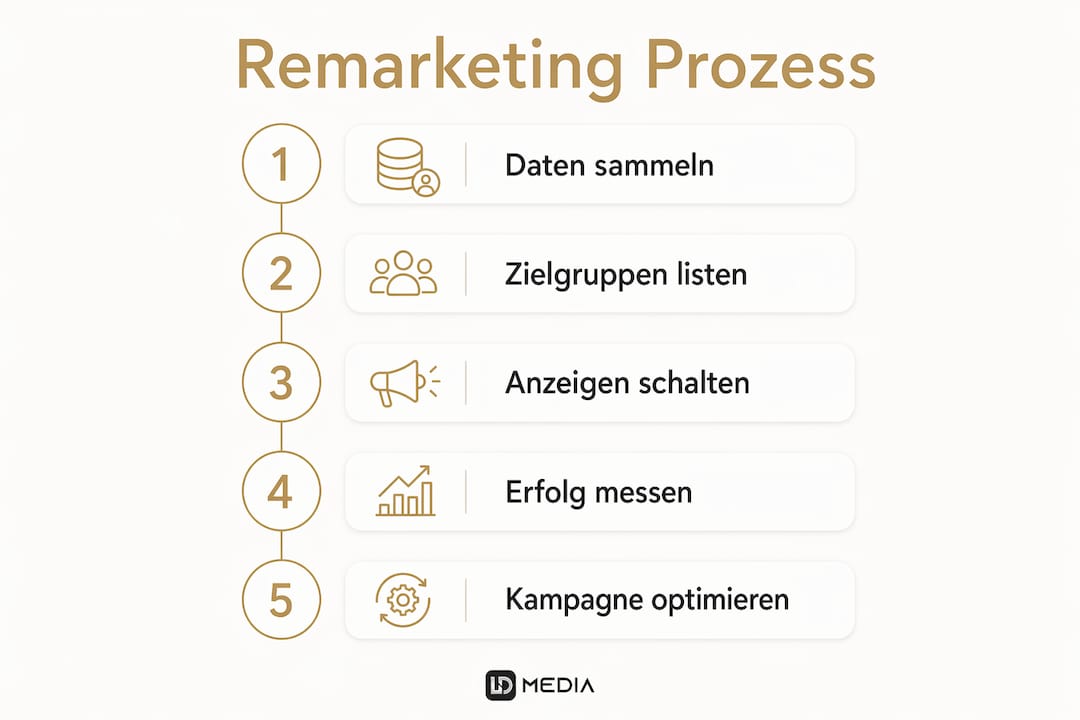 Die Infografik veranschaulicht den Remarketing-Prozess Schritt für Schritt.