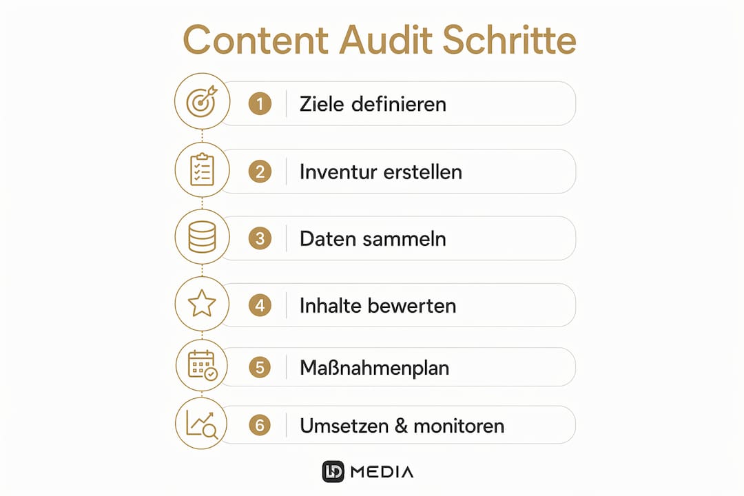 Diese Infografik veranschaulicht die einzelnen Schritte, die bei einem Content Audit durchgeführt werden.