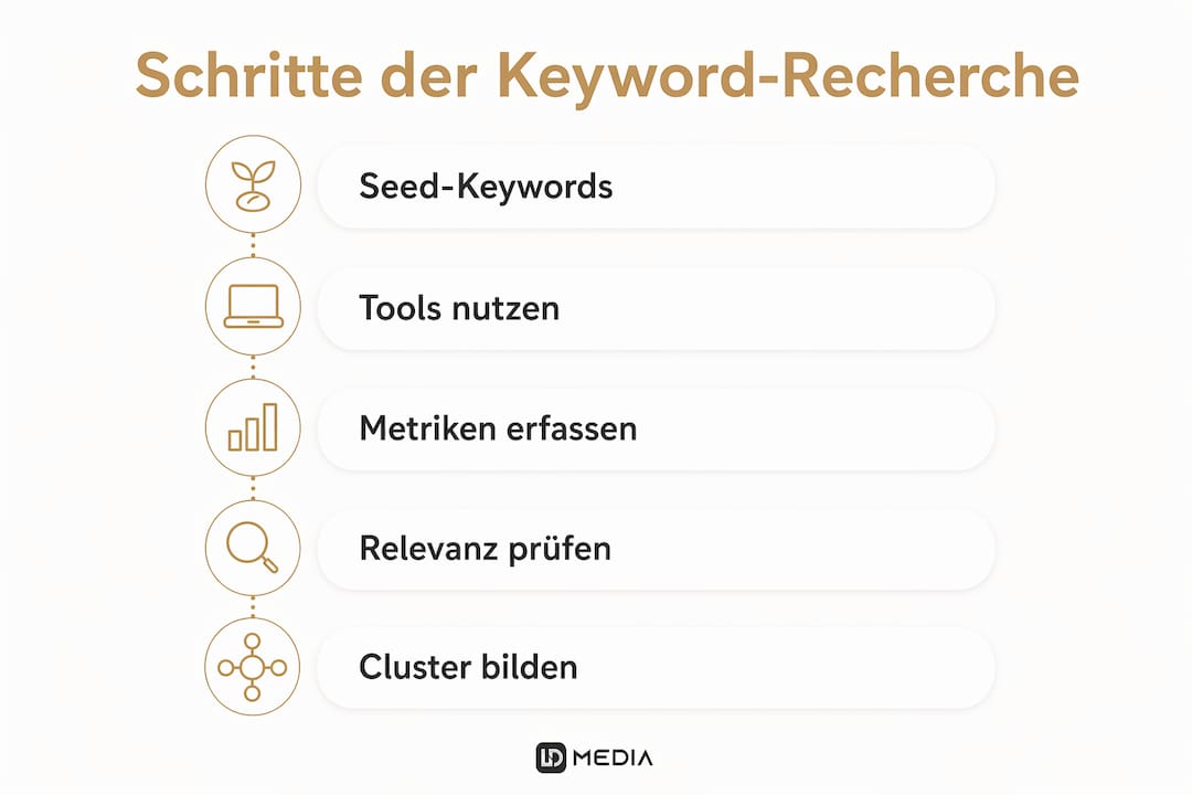 In dieser Infografik werden die einzelnen Schritte der Keyword-Recherche anschaulich dargestellt.