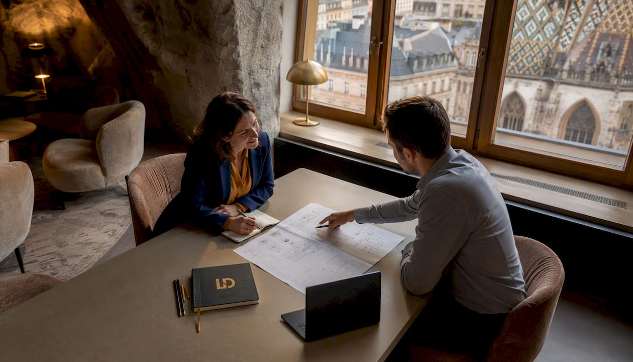 Zwei Geschäftsleute sitzen gemeinsam am Tisch und besprechen wichtige Themen.