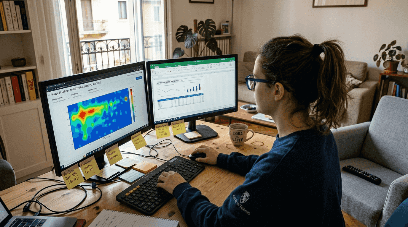 Una donna esamina la mappa di calore del sito web comodamente dal suo salotto.