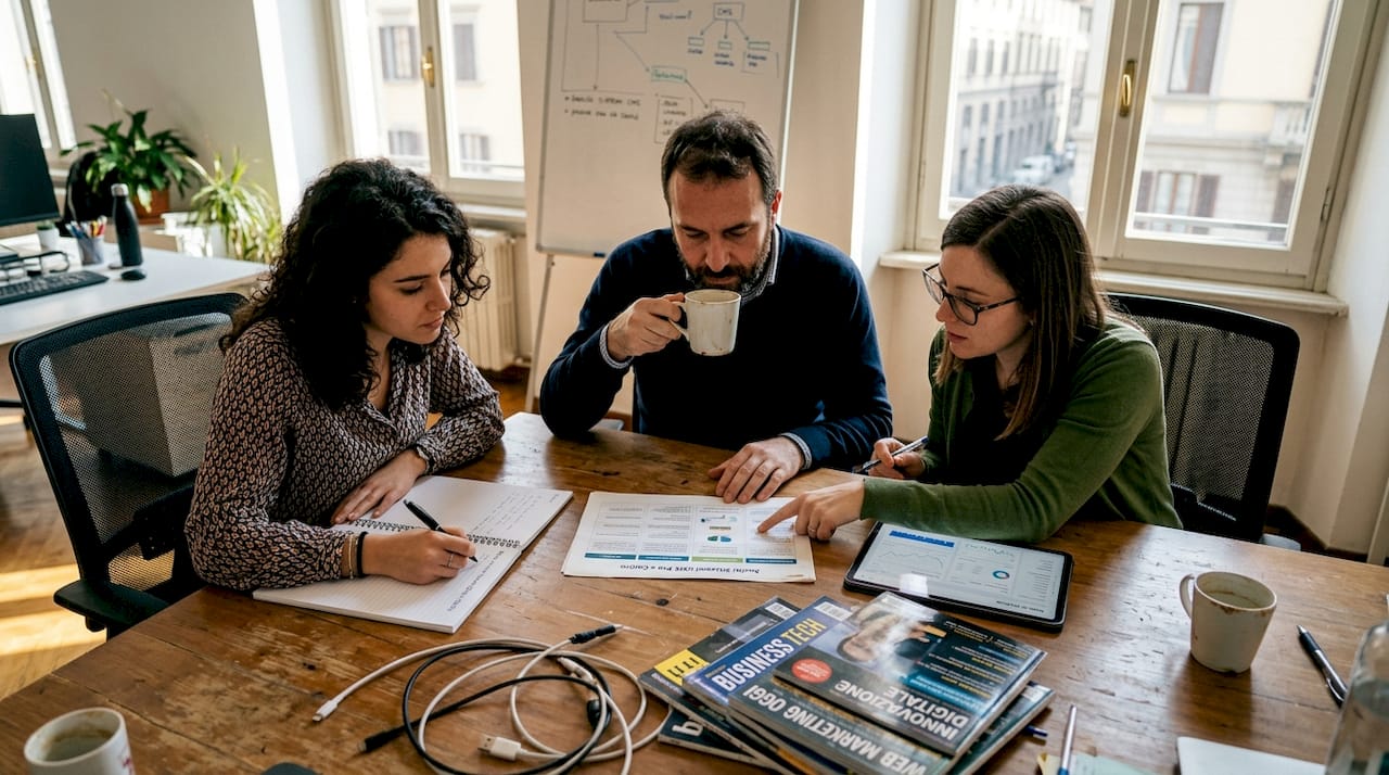 Il team si riunisce in ufficio per valutare le diverse soluzioni CMS disponibili.