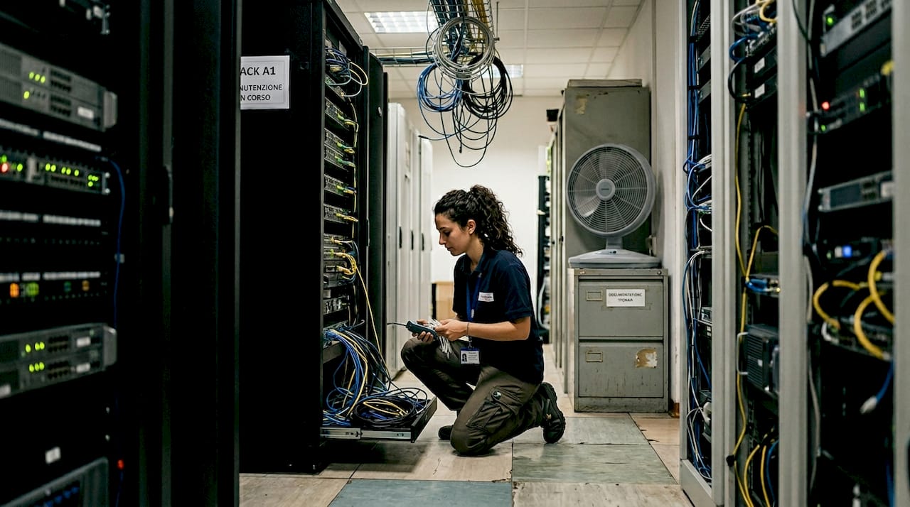 Tecnico al lavoro mentre controlla i cavi di connessione nella sala server