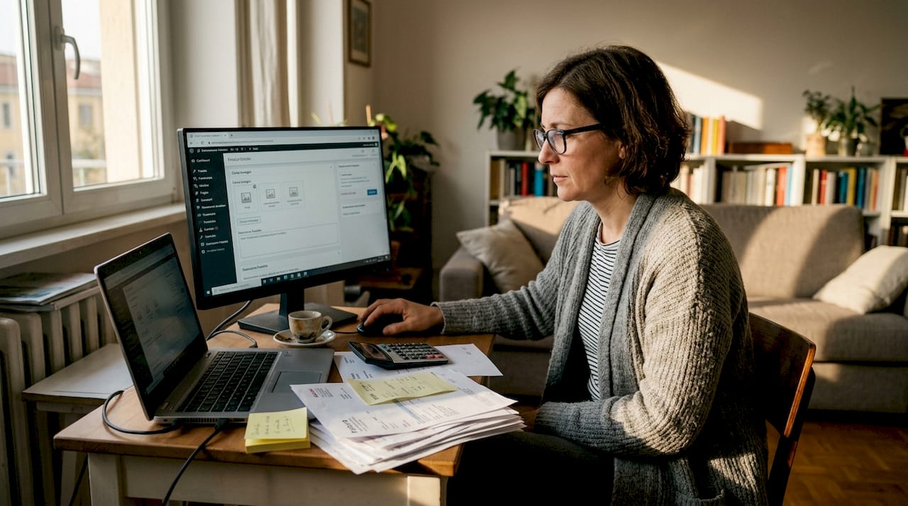 Donna che sistema la postazione per il suo negozio online italiano
