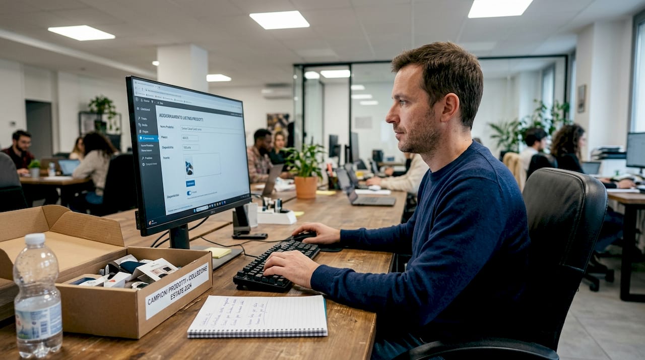 Imprenditore che aggiorna le schede prodotto del proprio e-commerce