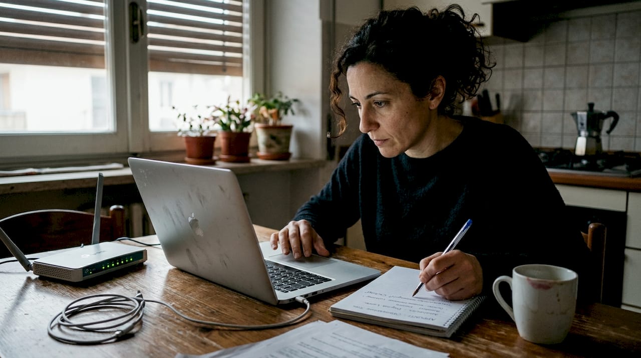 Una donna esegue un test di velocità del sito web seduta al tavolo.