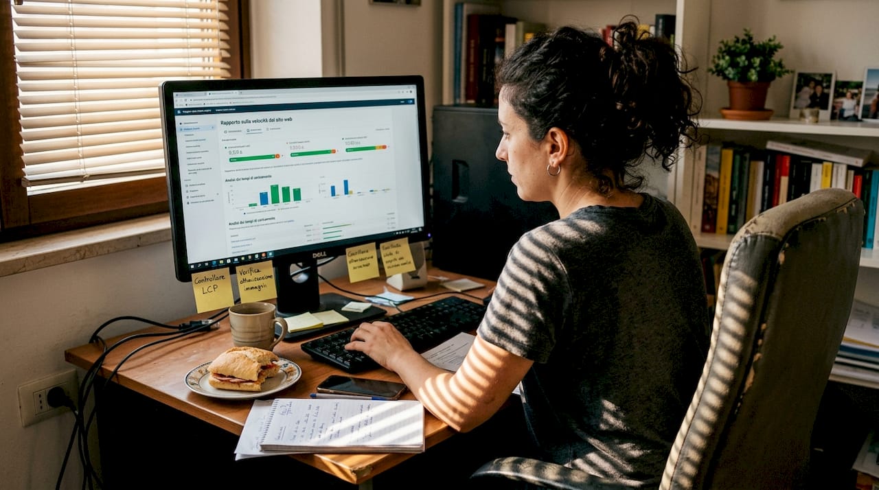 Una donna al computer analizza i dati di traffico e le statistiche del suo sito web, concentrata sulla scrivania.