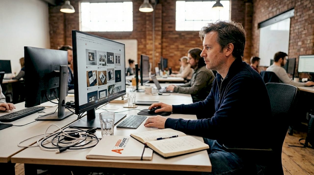 Il designer sta esaminando la galleria dei progetti direttamente sul monitor.