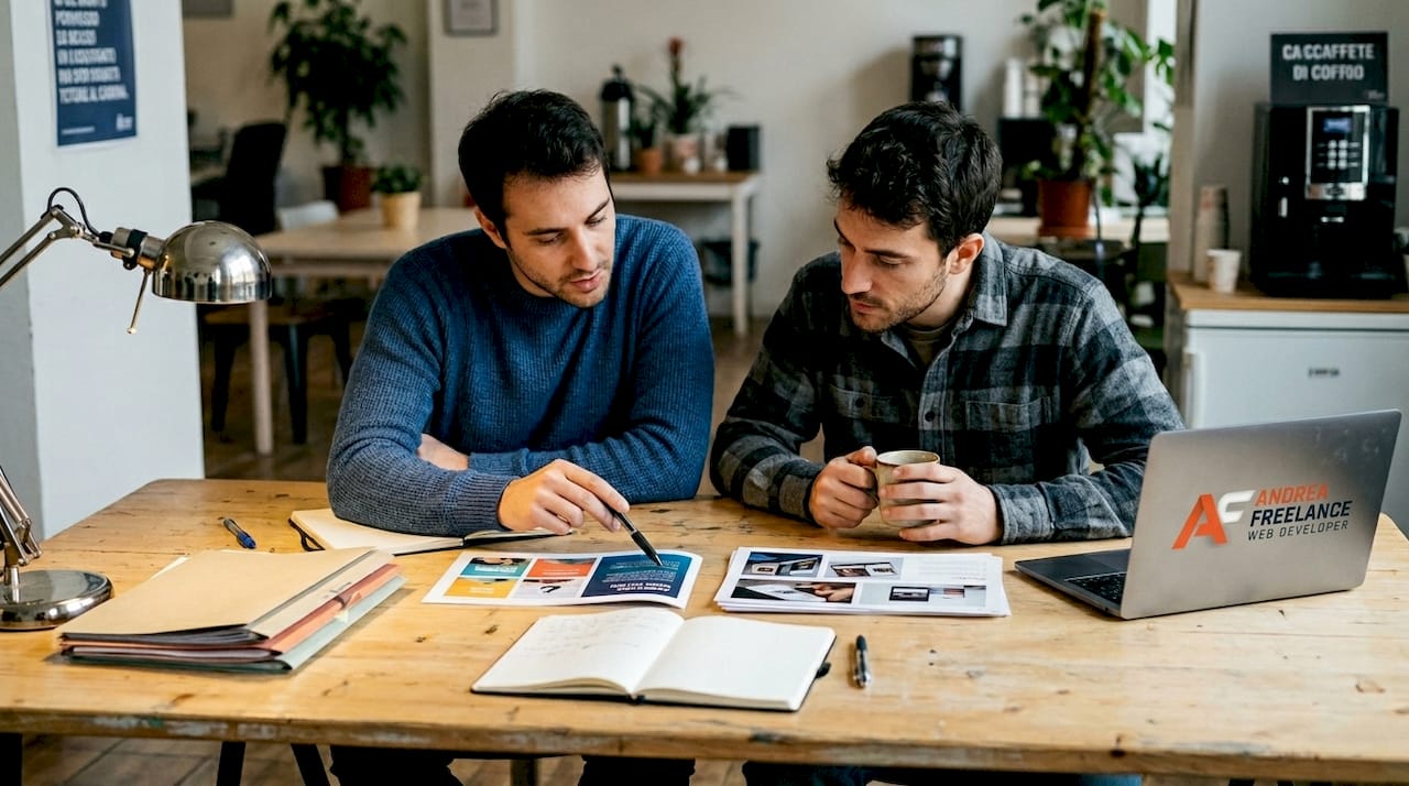Colleghi che sfogliano insieme i propri portfolio stampati confrontando i lavori realizzati.