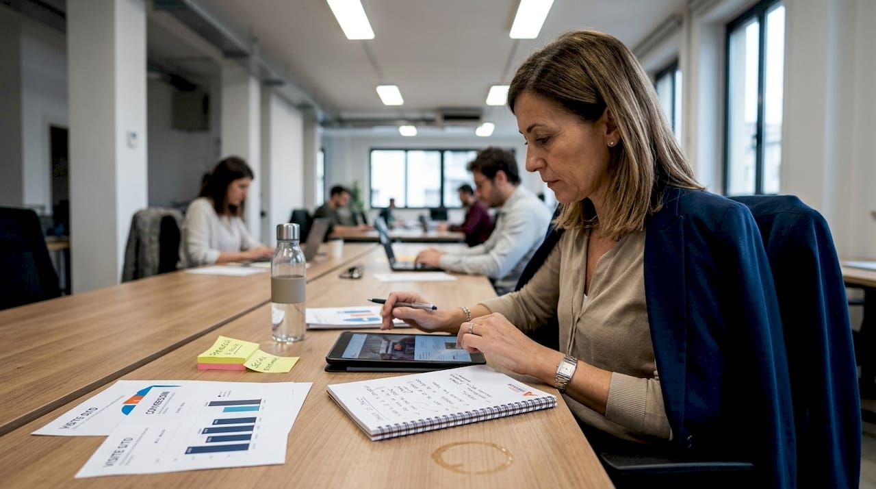 Un responsabile marketing che studia attentamente le landing page dei concorrenti per capire strategie e punti di forza.