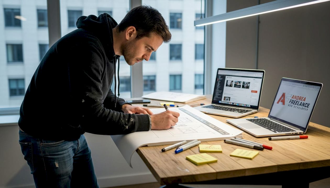 Un designer alle prese con la creazione degli schizzi per le strutture di un sito web.