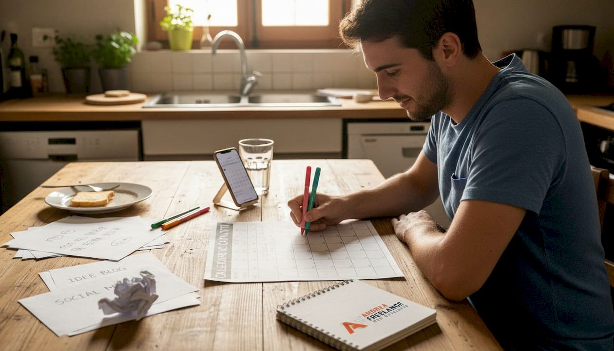Un uomo seduto al tavolo della cucina sta aggiornando il suo calendario editoriale, immerso nei suoi progetti e idee.