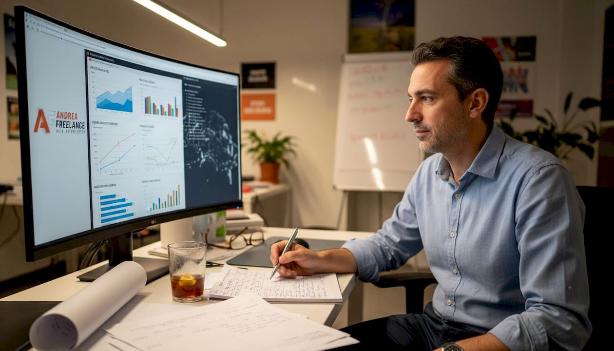 Un professionista di agenzia analizza i dati di traffico del sito per valutare le performance online.