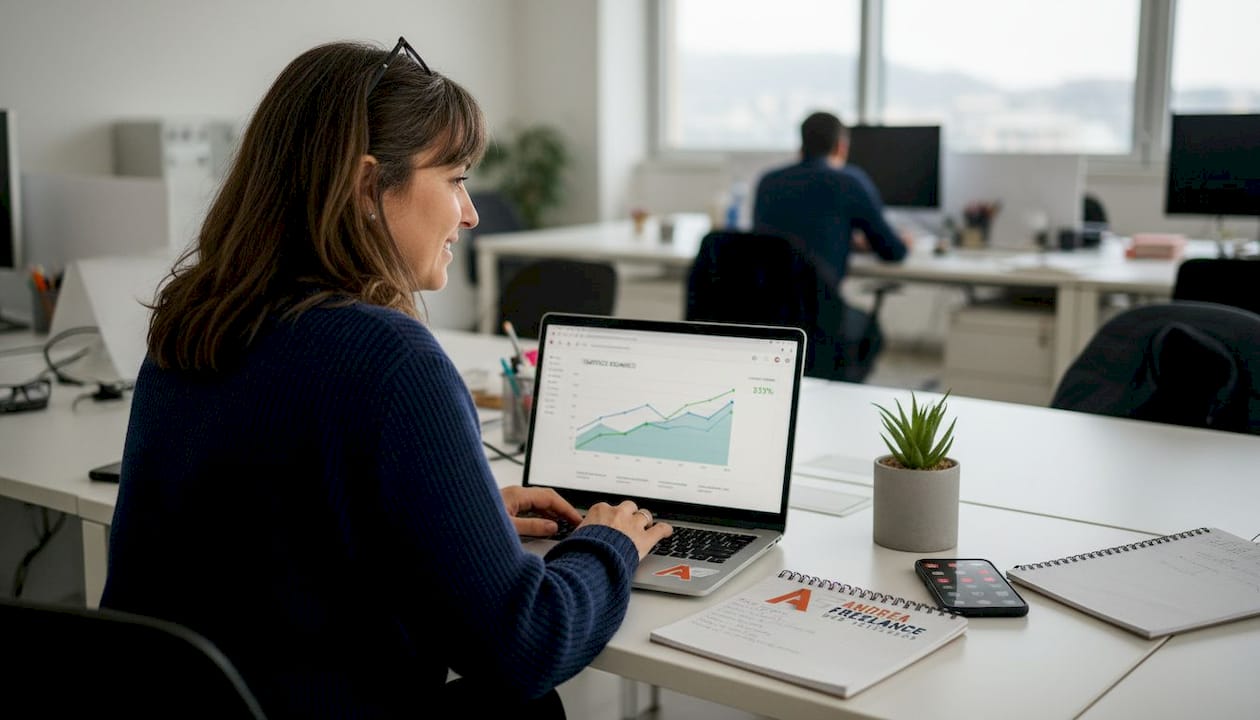 Imprenditrice che analizza i risultati della strategia SEO sul proprio laptop
