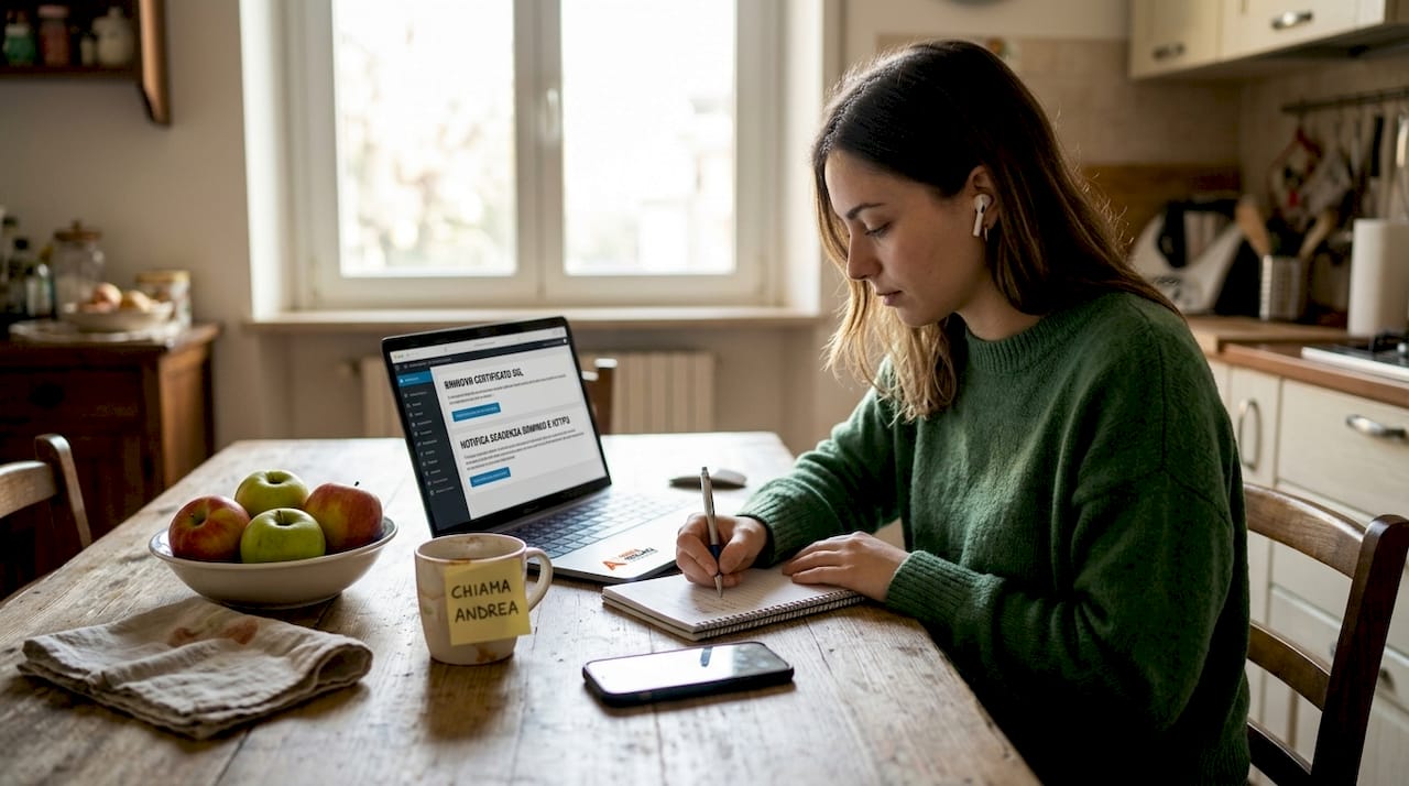 Una donna controlla le notifiche di scadenza dei certificati SSL mentre si trova in cucina.