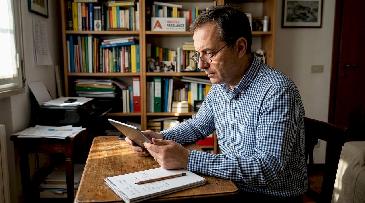 Un imprenditore locale controlla il sito web della propria attività direttamente dal tablet, valutando ogni dettaglio per assicurarsi che tutto sia perfetto.