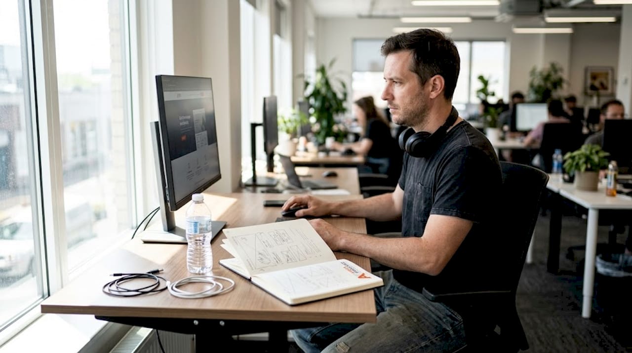 Web designer al lavoro sulla progettazione grafica della homepage