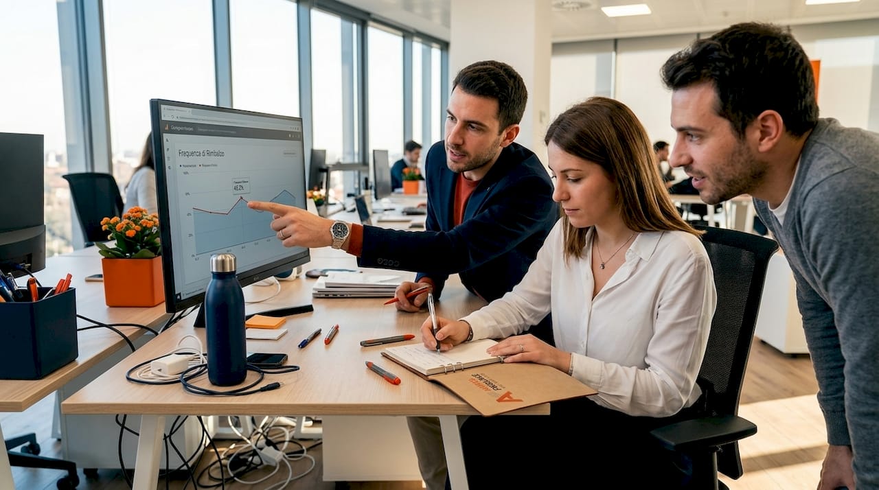 Il team sta analizzando i dati sul bounce rate direttamente dai monitor in ufficio.