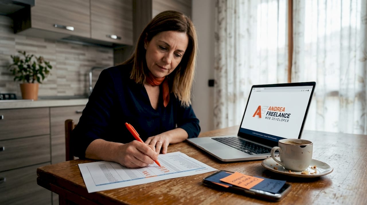 Imprenditore seduto al tavolo della cucina mentre controlla il preventivo per un nuovo progetto web.
