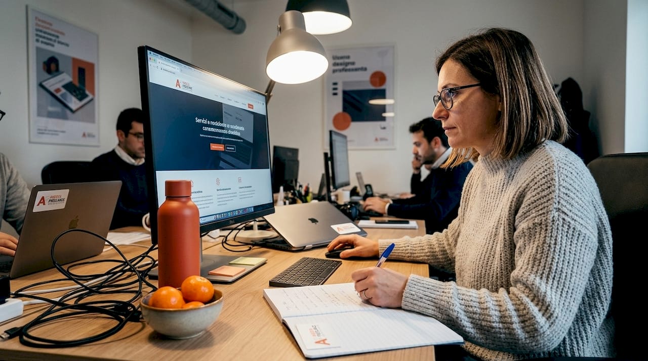 Un web developer controlla il sito insieme ai colleghi, seduto alla scrivania condivisa.