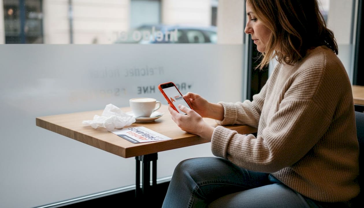 Una donna seduta al bar naviga su un sito web dal suo smartphone.