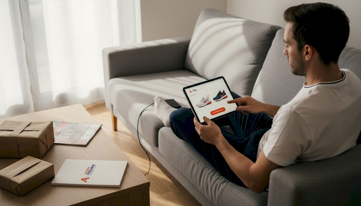Cliente che sceglie comodamente i prodotti dal tablet, direttamente da casa.