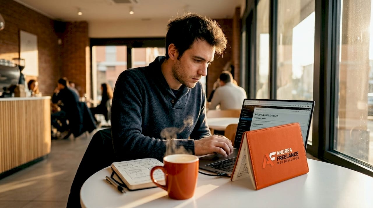 Un esperto SEO al lavoro, impegnato ad aggiornare i meta tag del sito web direttamente dalla sua scrivania.