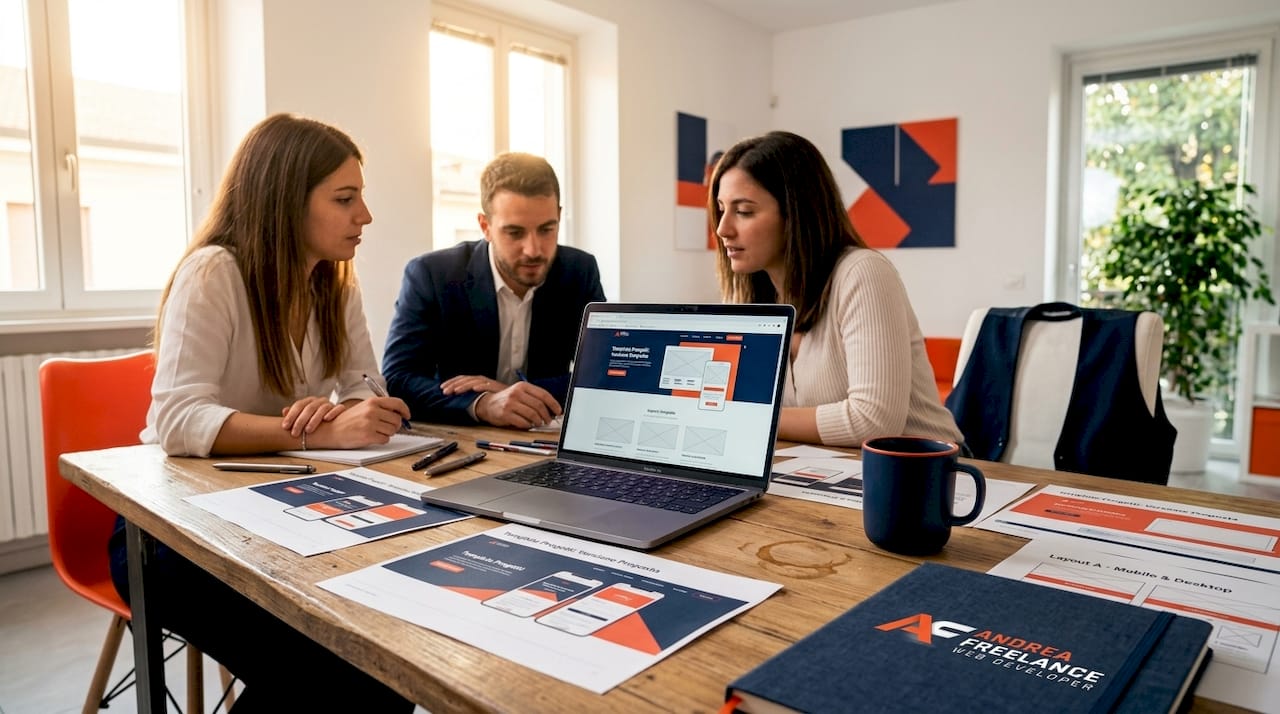 Il team si riunisce per esaminare insieme le bozze stampate del nuovo sito web.