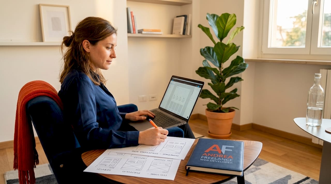 Un consulente lavora alla realizzazione di un sito vetrina dal proprio laptop, comodamente da casa.