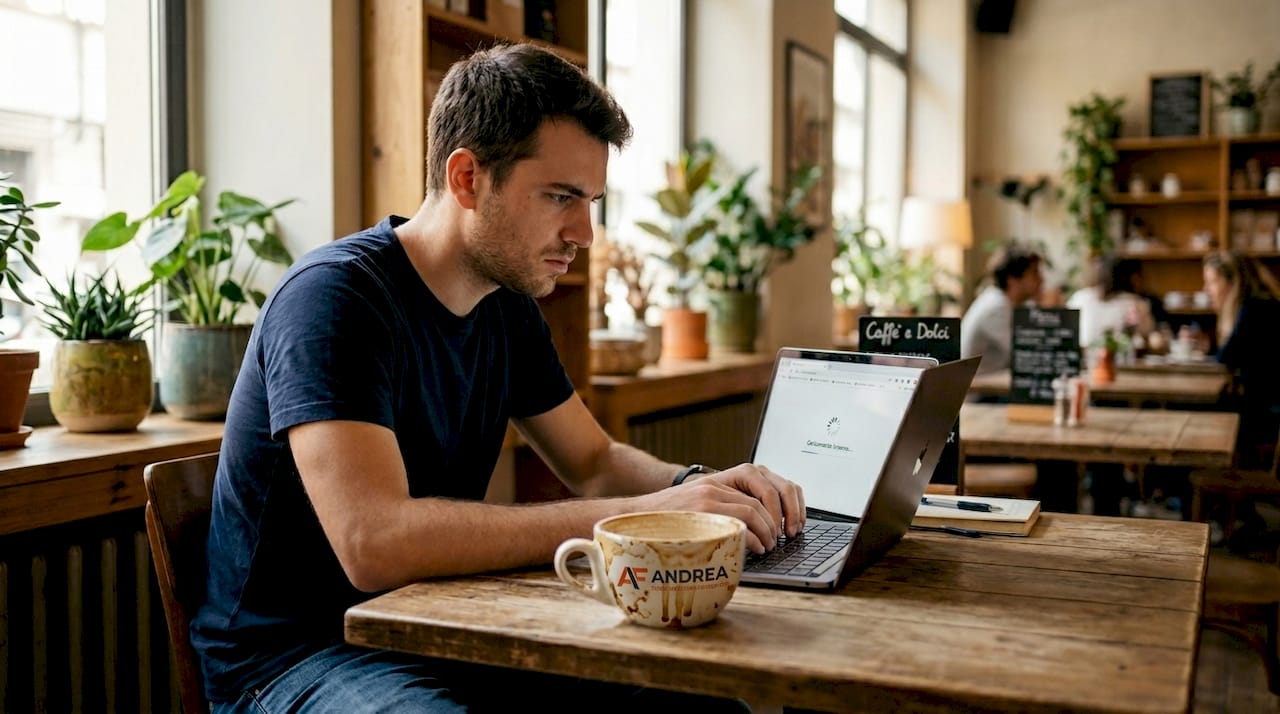 Un uomo in cucina aspetta impaziente che il sito web si carichi, sbuffando davanti al computer.