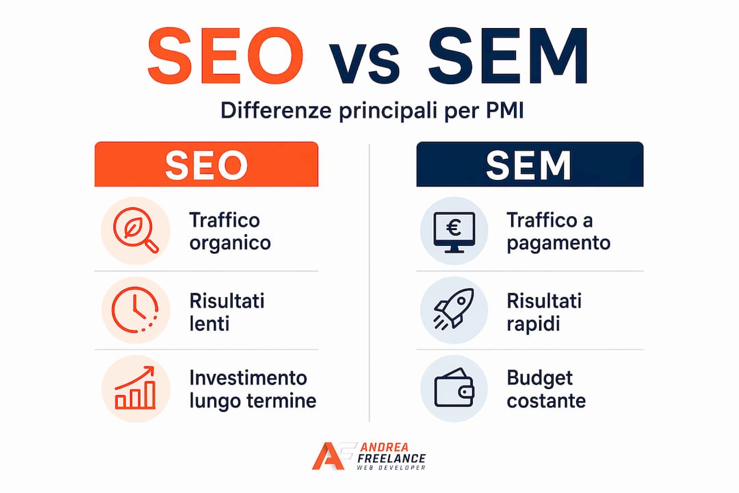 Infografica che mette a confronto SEO e SEM: scopri le differenze e i vantaggi di ciascuna strategia