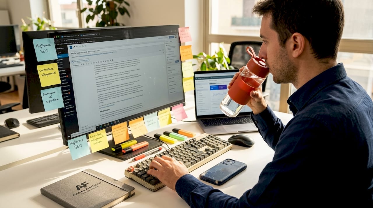 Un uomo lavora al computer, aggiornando i contenuti di un sito web direttamente dalla sua scrivania.
