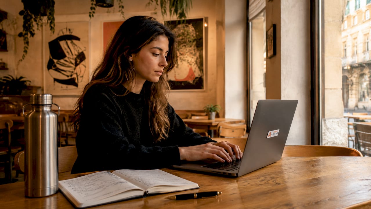 Un freelance lavora al bar con il suo laptop e qualche foglio di appunti sparso sul tavolo.