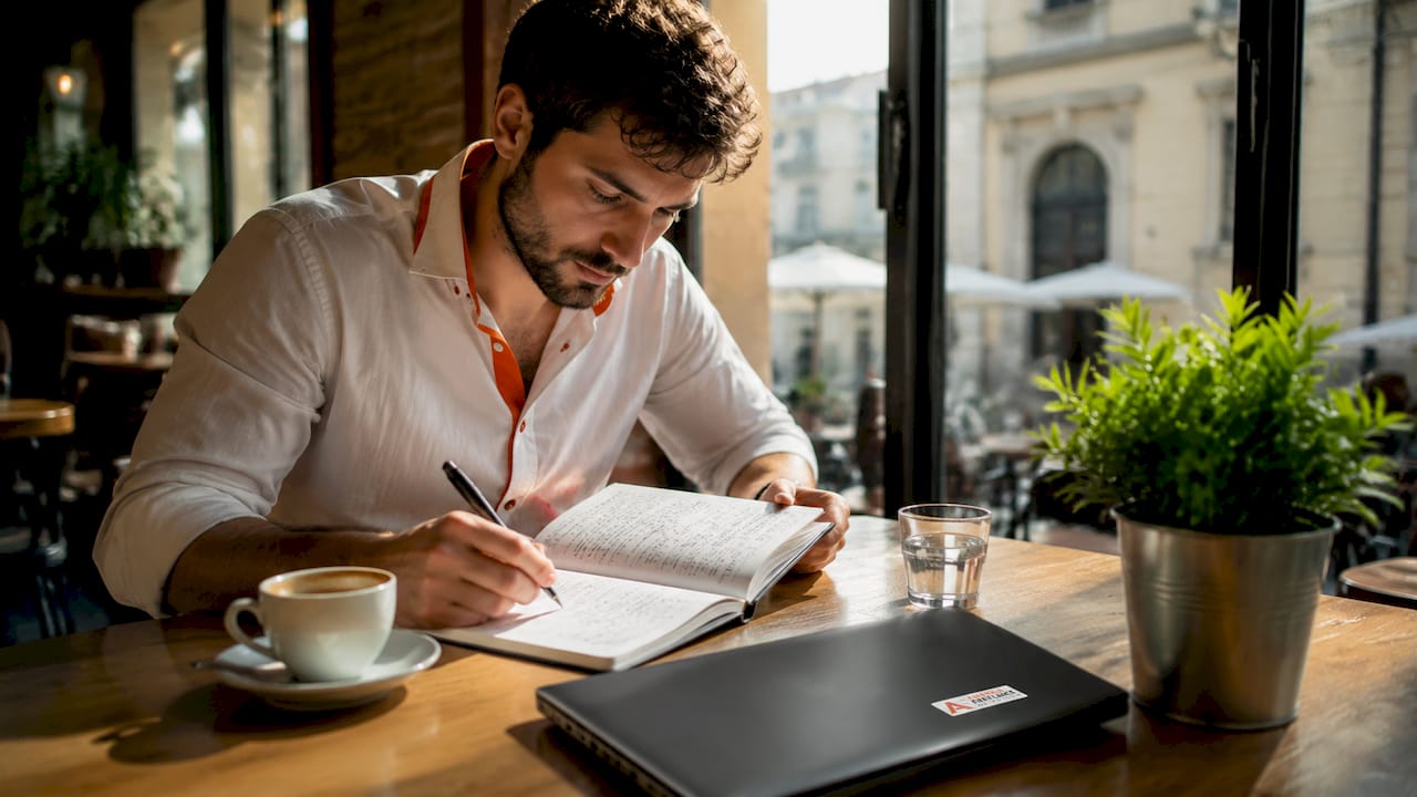 Primo piano di mani che annotano appunti su una strategia SEO