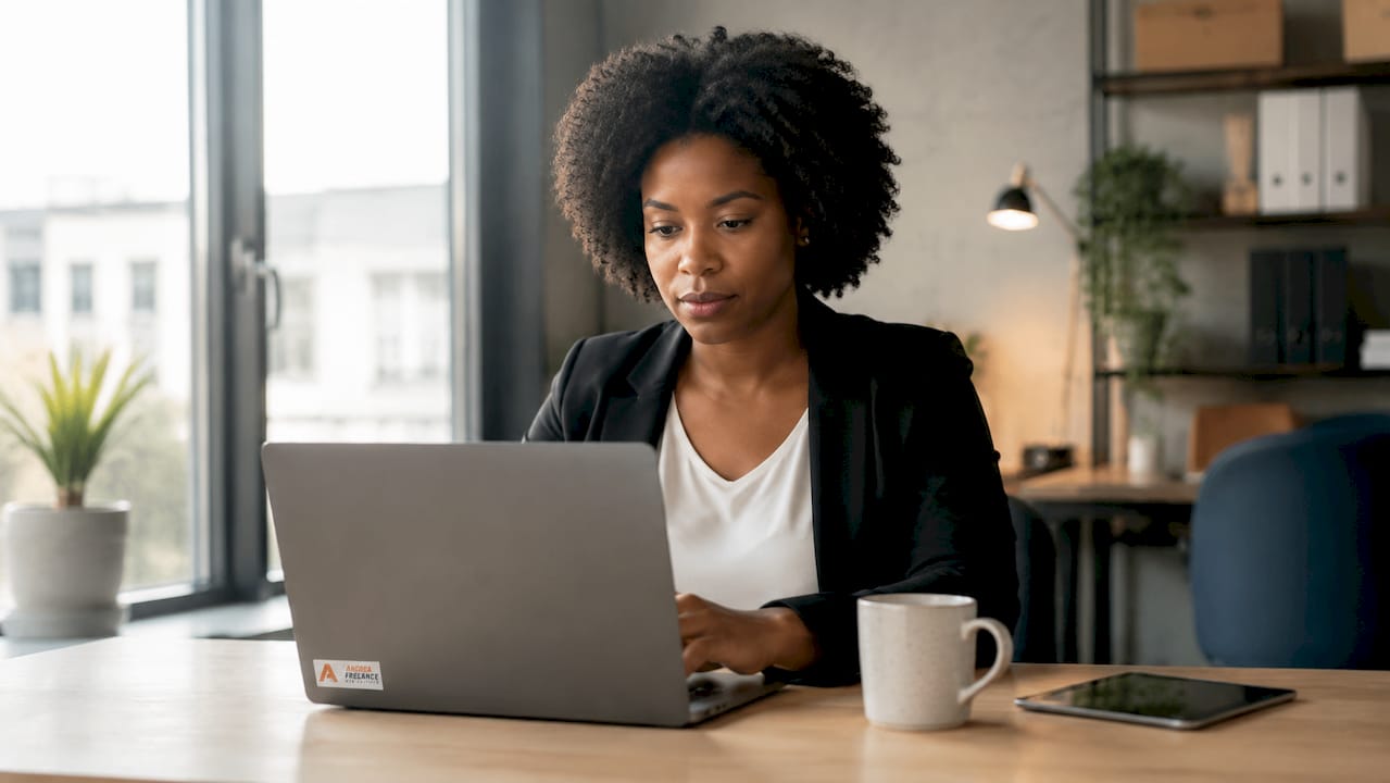 Primo piano di mani femminili che lavorano alla tastiera in un ufficio dallo stile essenziale