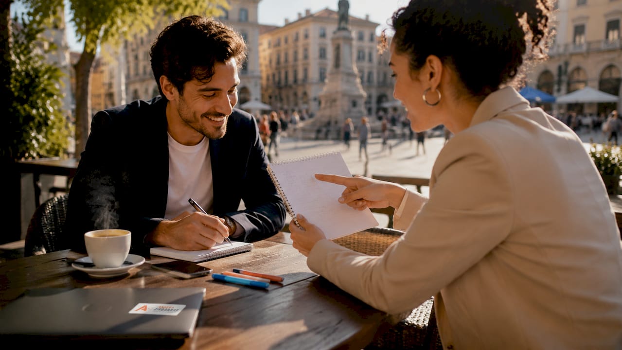 Due colleghi si confrontano sulle strategie di marketing, cercando soluzioni efficaci per far crescere l’azienda.