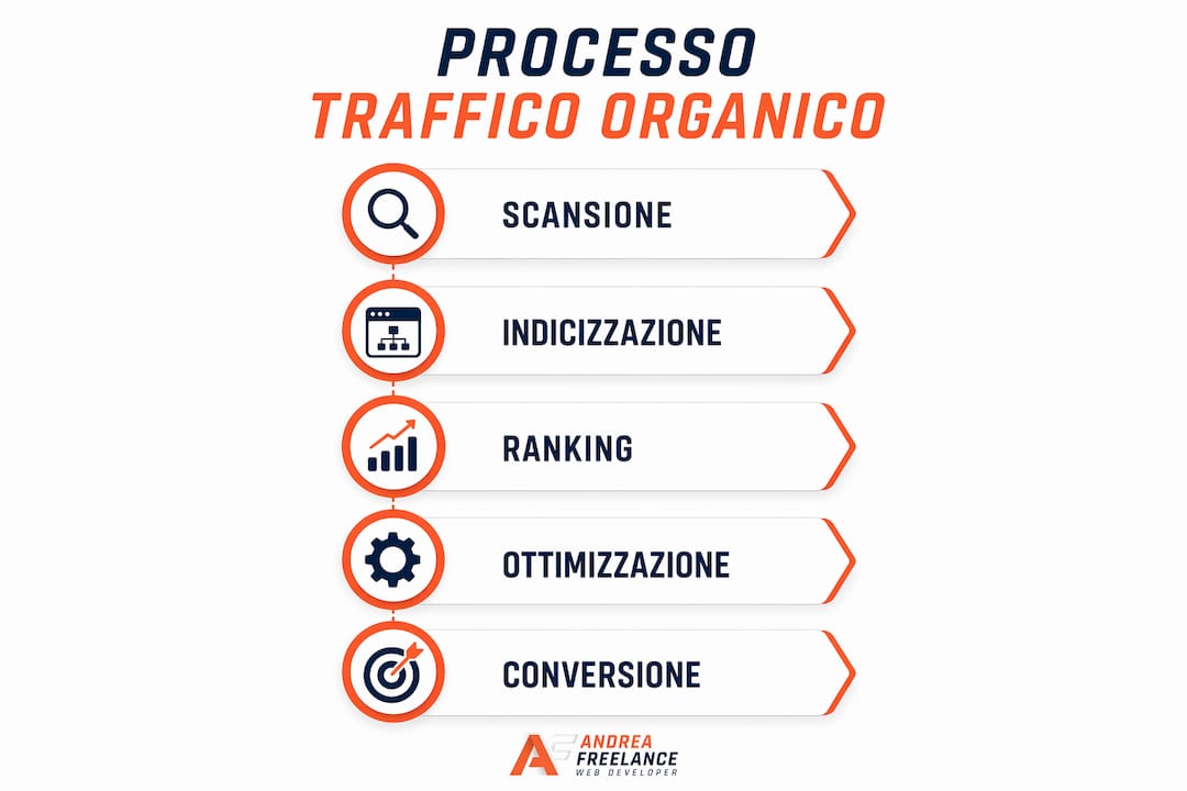 Infografica che mostra le fasi principali per generare traffico organico tramite la SEO