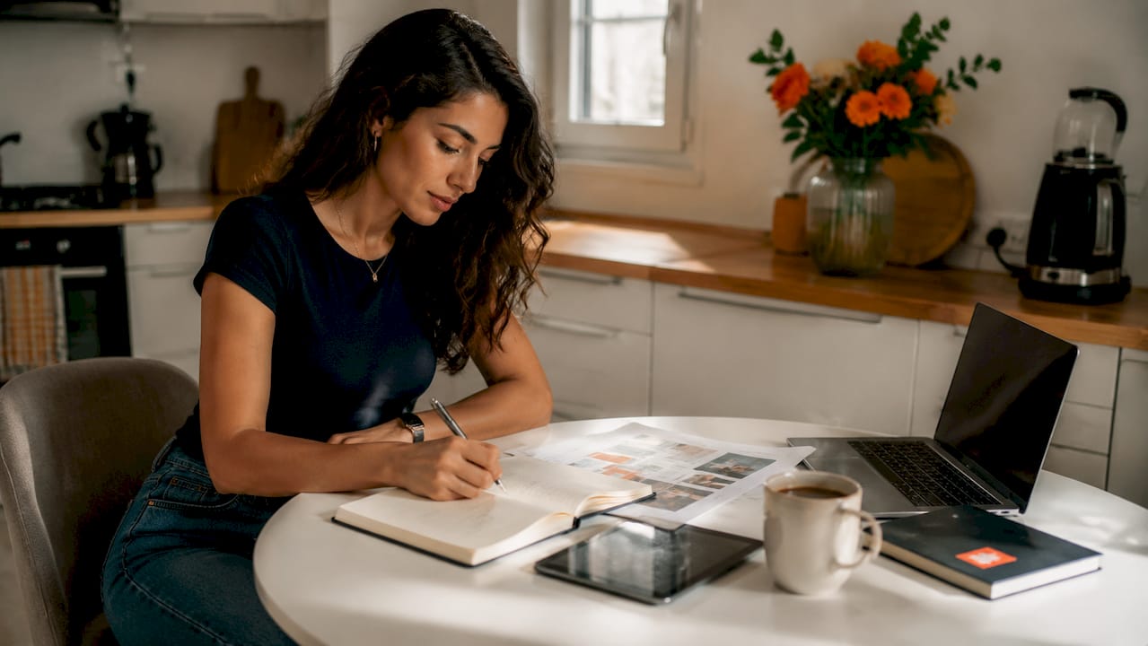 Una donna confronta diverse piattaforme online per gestire gli affitti delle case vacanza, lavorando comodamente dal suo home office.