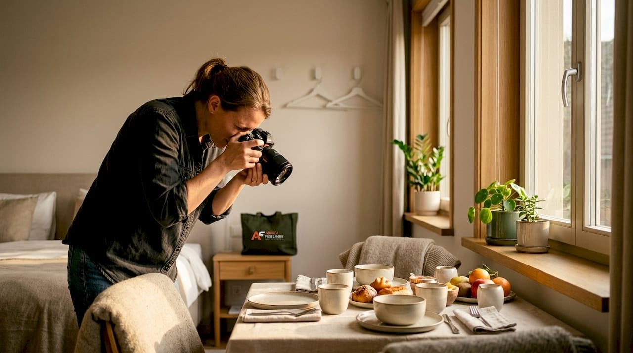Una fotografa immortala gli interni luminosi di un accogliente bed & breakfast.
