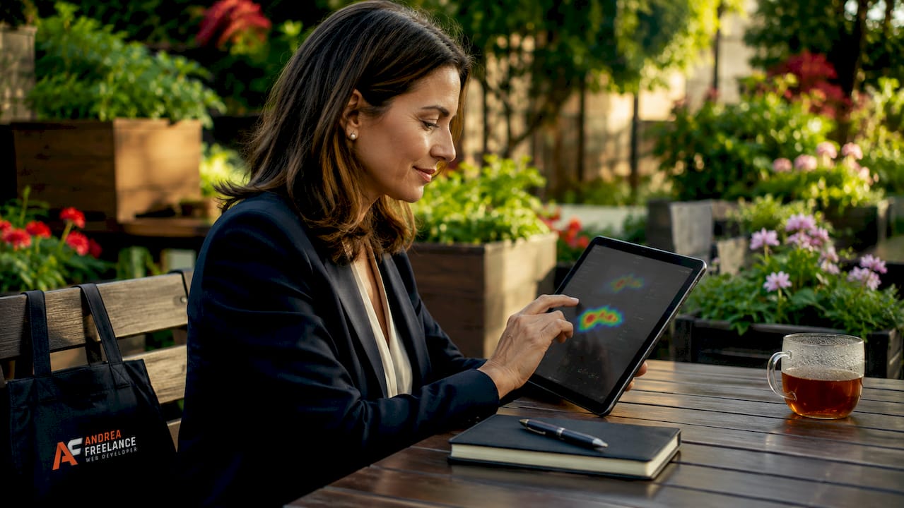 Mani che interagiscono con un tablet su cui sono visibili mappe di calore
