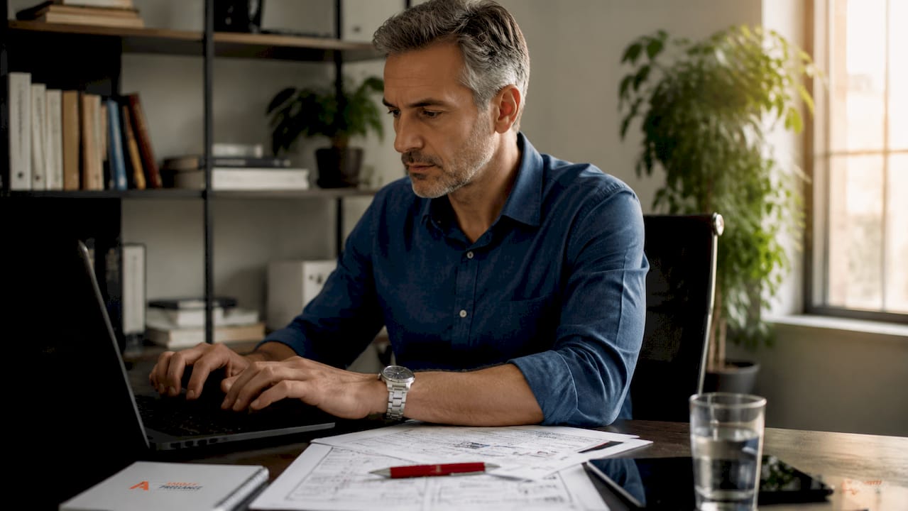Mani che digitano sulla tastiera, mentre accanto ci sono documenti relativi all’analisi SEO.
