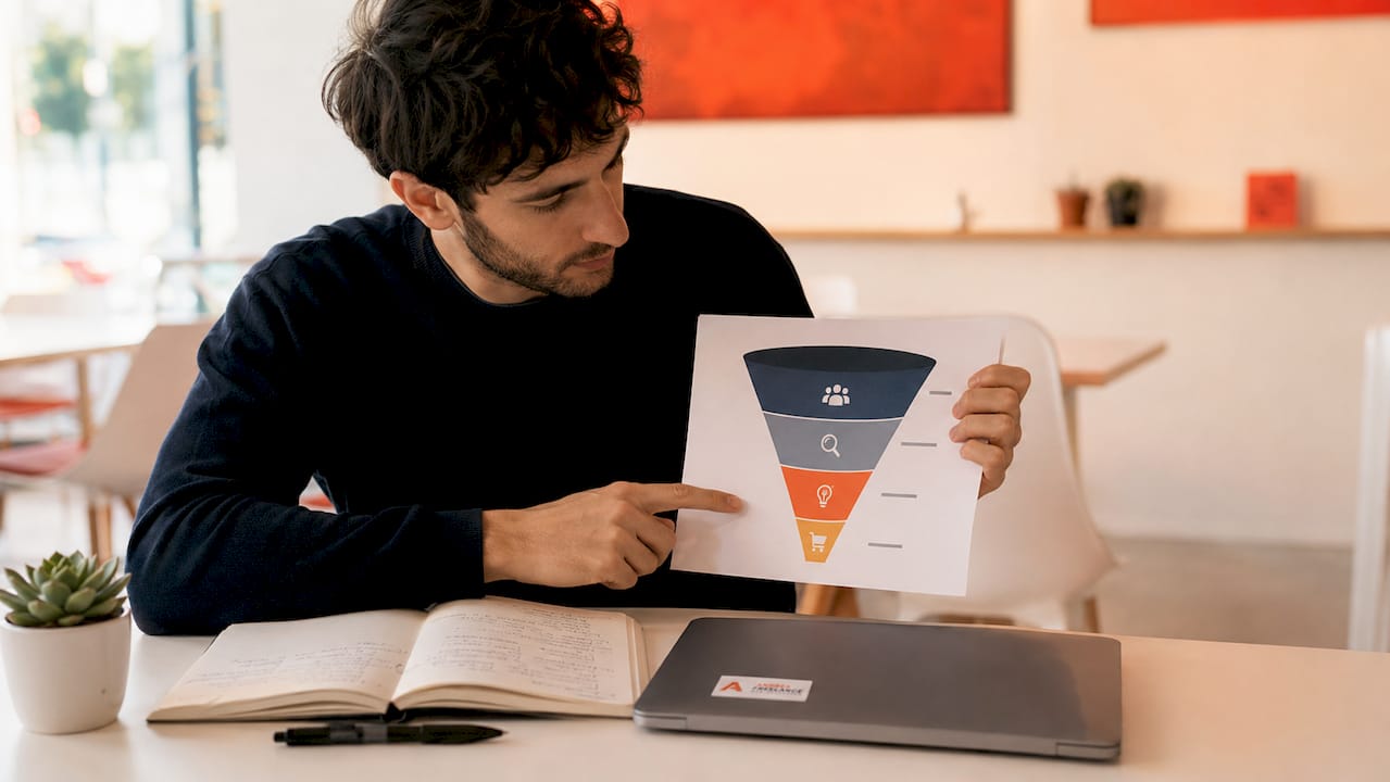 Diverse mani indicano un diagramma del funnel di marketing steso sul tavolo, mentre si discute la strategia.