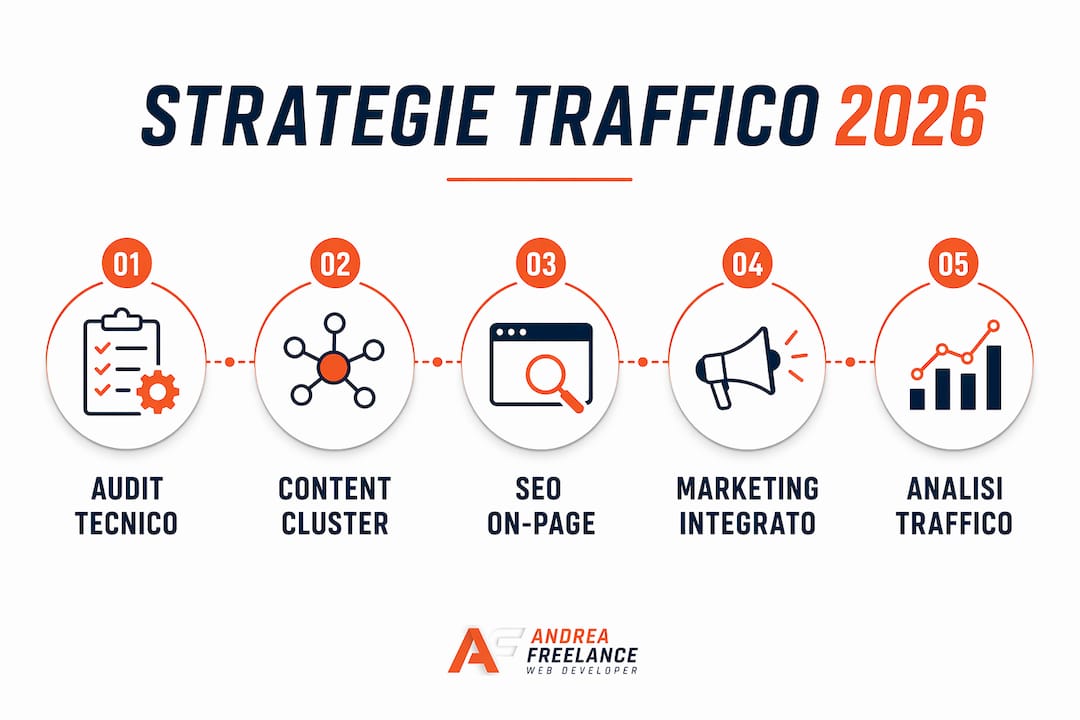 Infografica con le principali strategie per aumentare il traffico sul sito web
