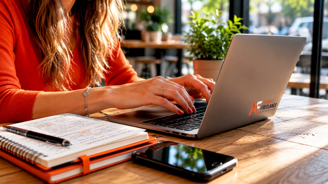 Mani al lavoro sulla tastiera di un laptop, immersi nell’atmosfera dinamica di uno spazio coworking.