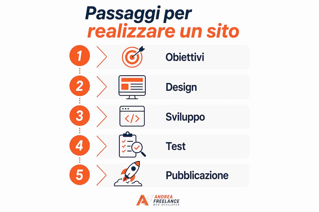 Infografica che illustra le cinque fasi fondamentali per realizzare un sito web